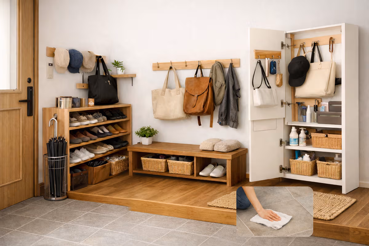 A person in a blue plaid shirt uses a drill to install a wooden LABRICO shelf bracket on a wall for a tidy entryway.